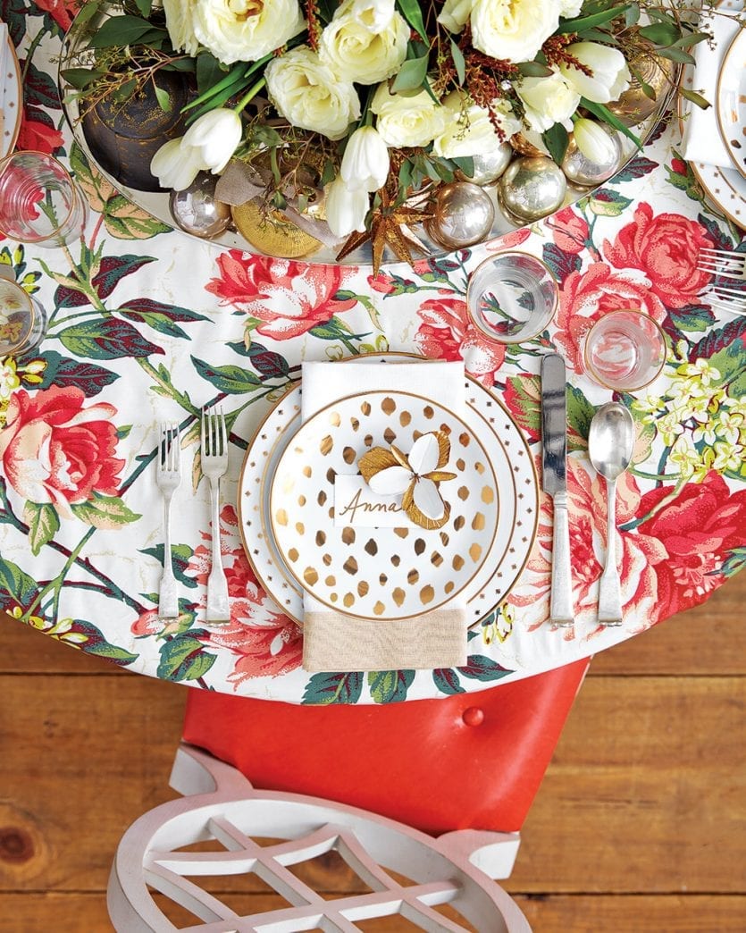 Holiday table setting inspired by floral patterned table cloth from Ballard Designs