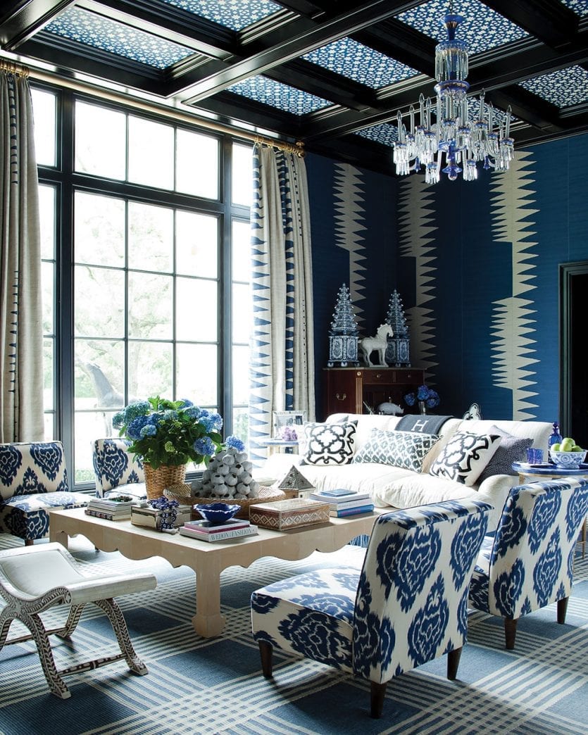 Blue living room with tons of pattern from Susanna Salk's new book The Power of Pattern