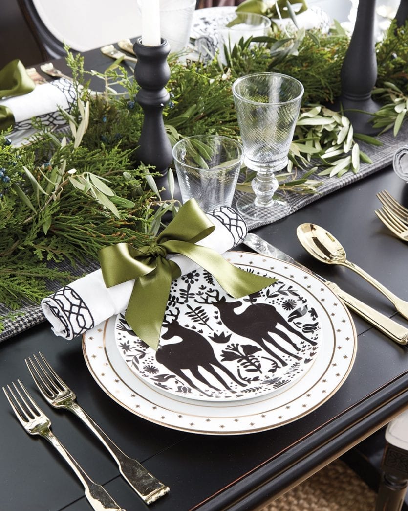 Black and green holiday table setting from Ballard Designs