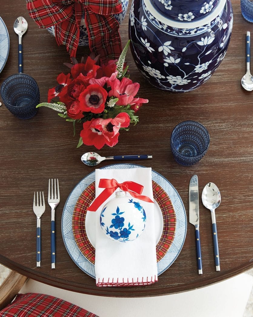 Chinoiserie and plaid table setting from Ballard Designs