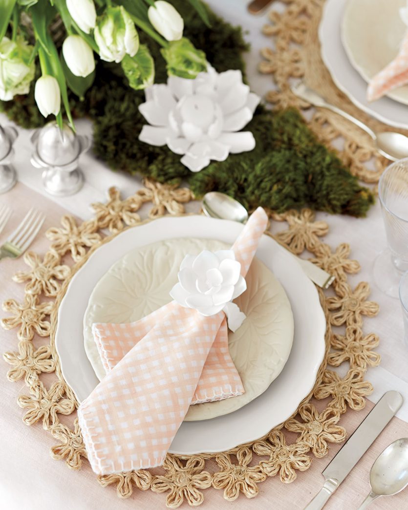 Pink and green Easter table with moss and tulips from Ballard Designs