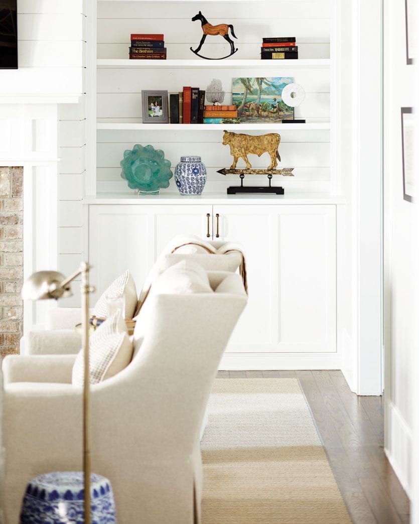 Bookshelves in great room designed by Whitney Durham in great room