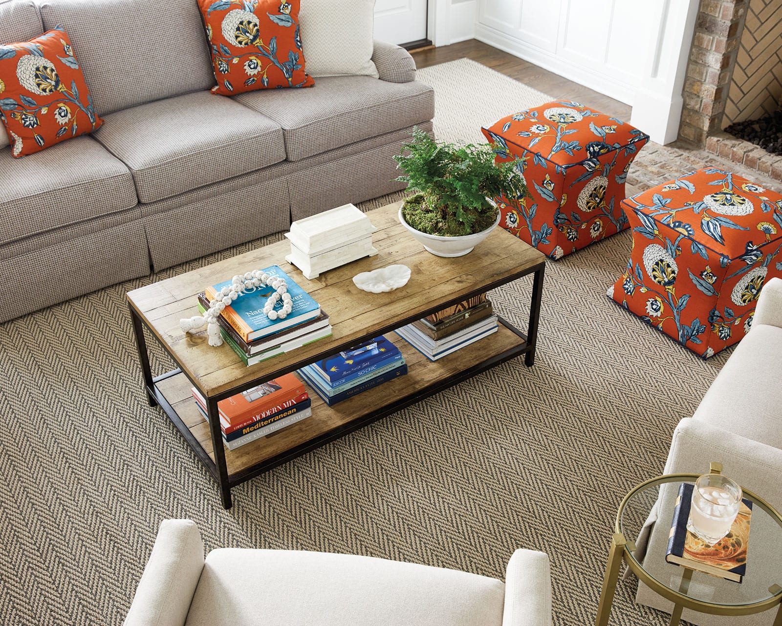 Decorating a great room with durable rugs, upholstery, and patterned fabric