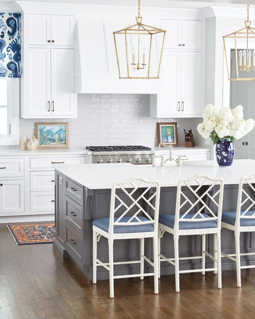 Ballard Designs Dayna stools in white kitchen