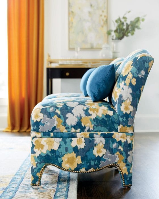 Chair fabric in sapphire blue and topaz gold in living room