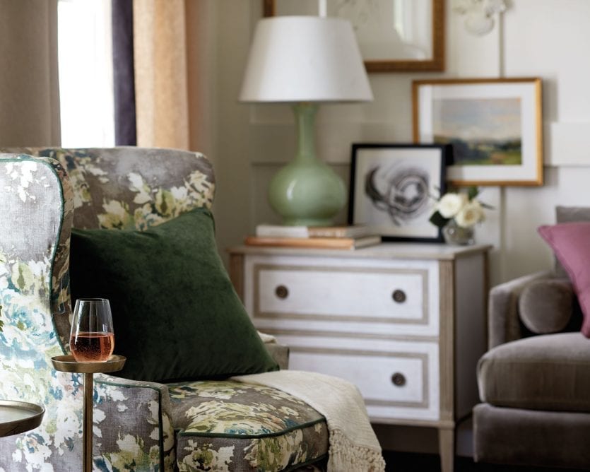 Jewel toned accents in living room from Ballard Designs