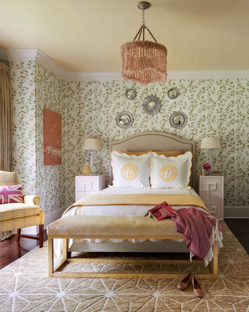 Feminine bedroom designed by Traci Zeller with yellow and green accents