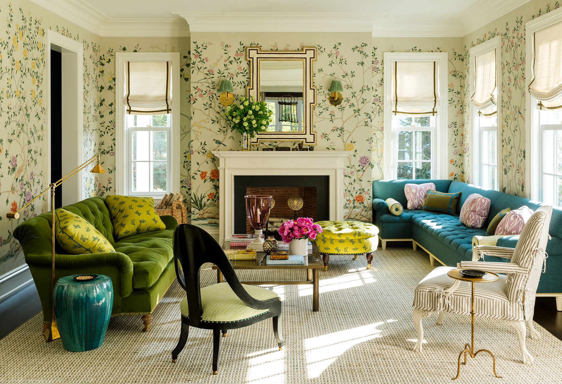 Living room with chartreuse green and chinoiserie wallpaper