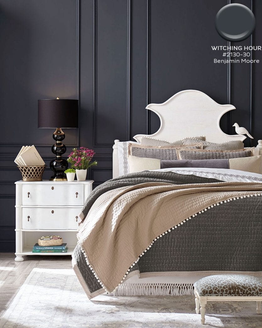 Benjamin Moore's Witching Hour paint color in Ballard Designs bedroom