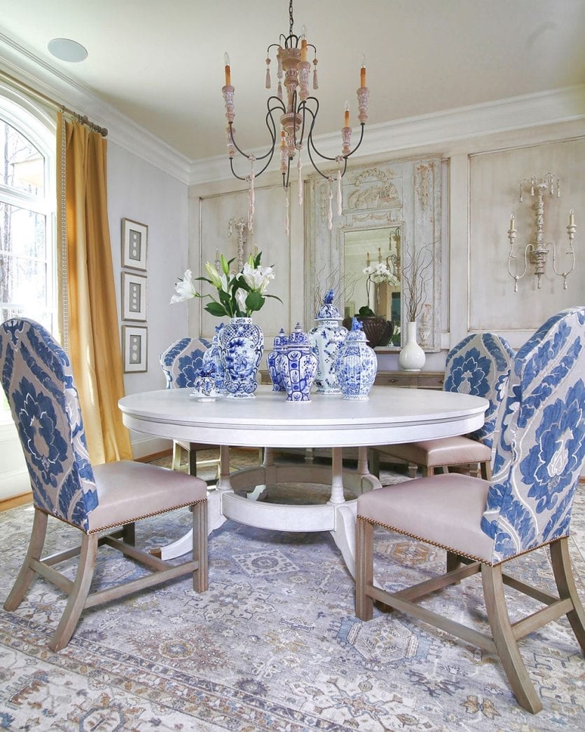 Classic blue and white dining room designed by Susan Jamieson and Bridget Beari Designs