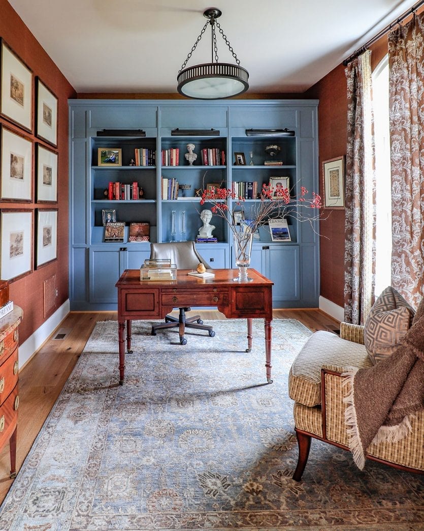 Library and home office in spice and blue designed by Susan Jamieson and Bridget Beari Designs