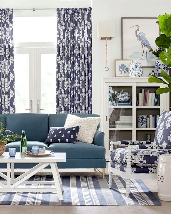 Small living room with blue and white color palette