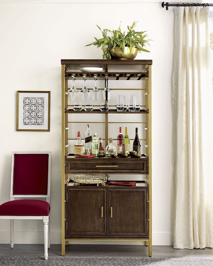 Customizable standing bar with open shelving, glassware storage, and cabinetry from Ballard Designs