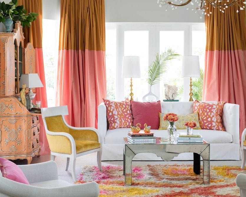 Pink and yellow living room with sophisticated style designed by Janie Molster