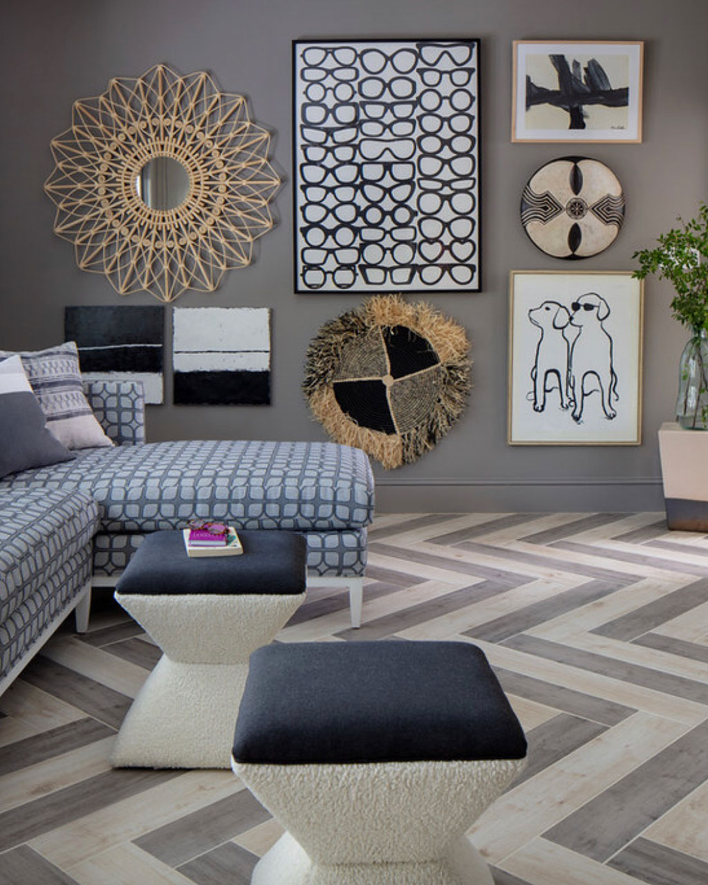 Black, white, and grey living room designed by Janie Molster