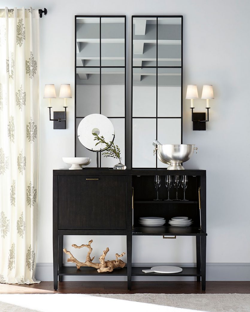 Black highboy console table in dining room by Ballard Designs