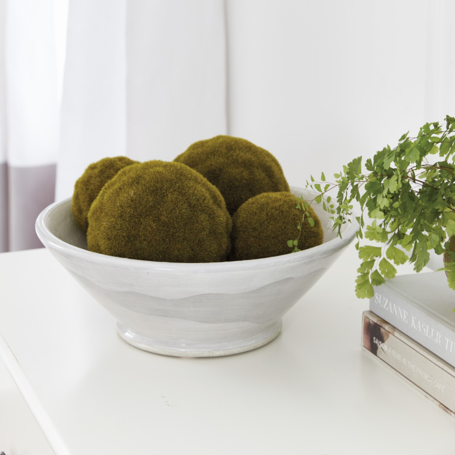 White ceramic bowl filled with green moss in living room