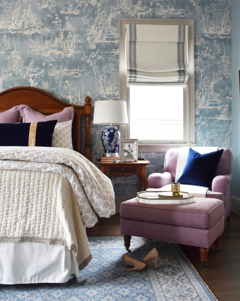 Blue and purple bedroom designed by Gordon Dunning