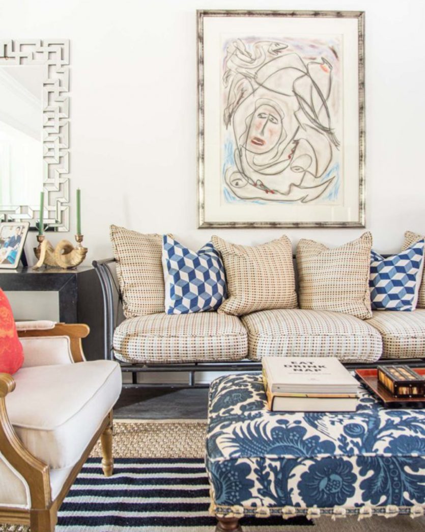 Neutral and blue living Room designed by Thou Swell's Kevin O'Gara with striped rug