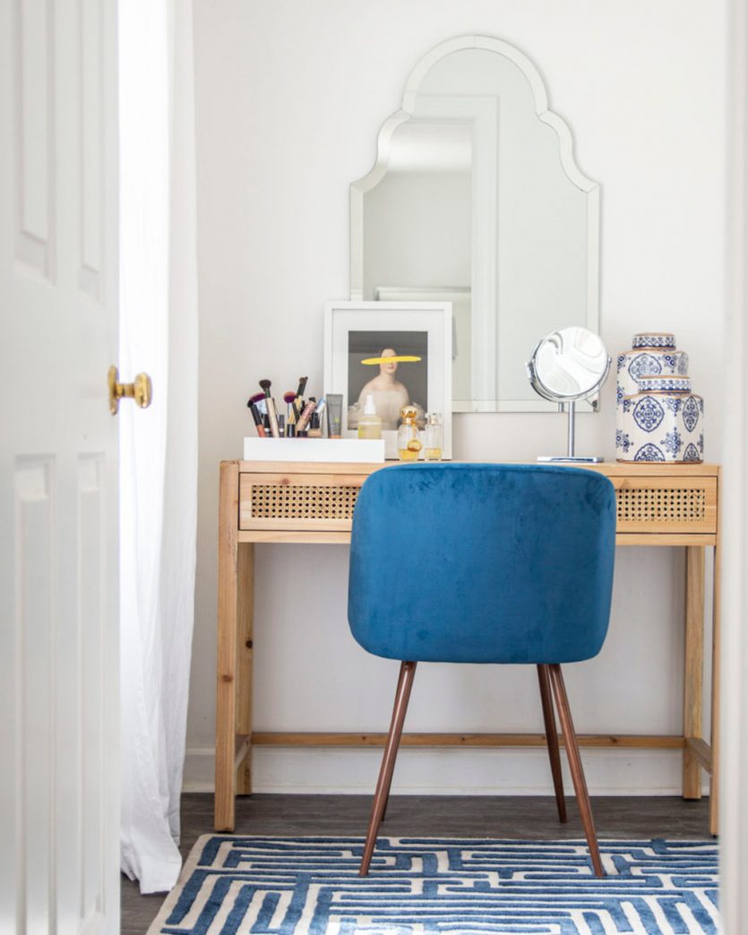 Vanity space with a mix of traditional and modern pieces, designed by Kevin O'Gara