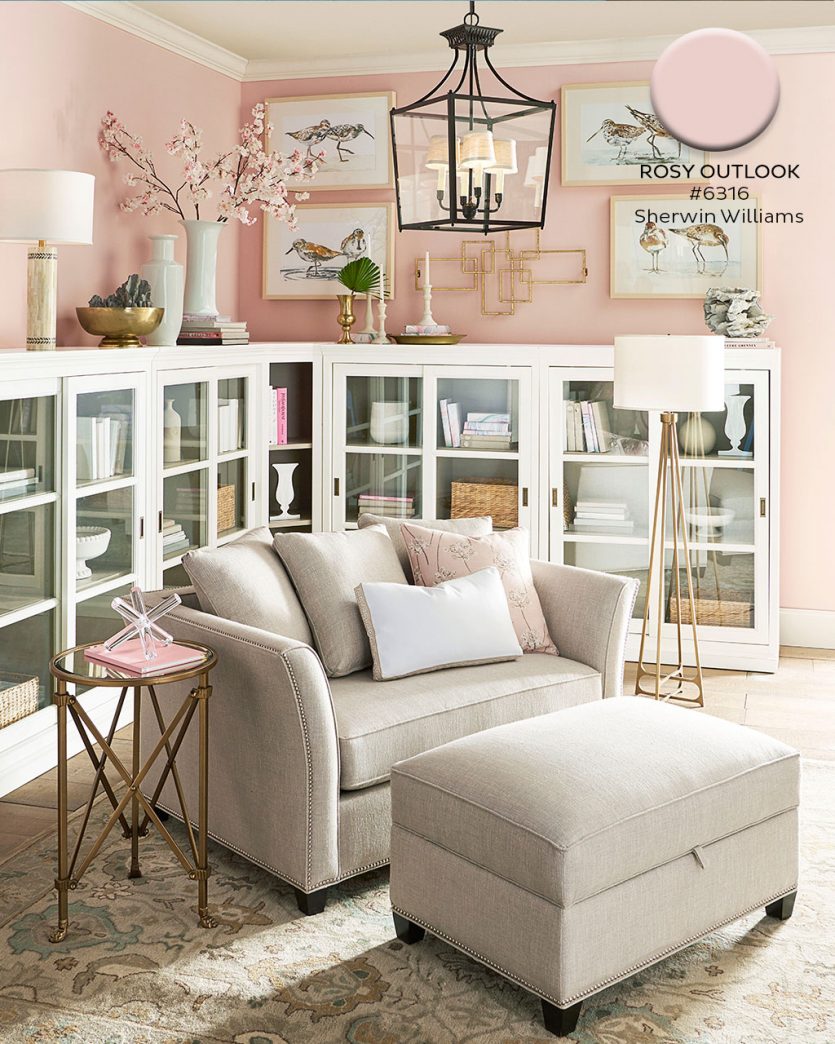 White and pink office with Sherwin Williams Rosy Outlook on the walls