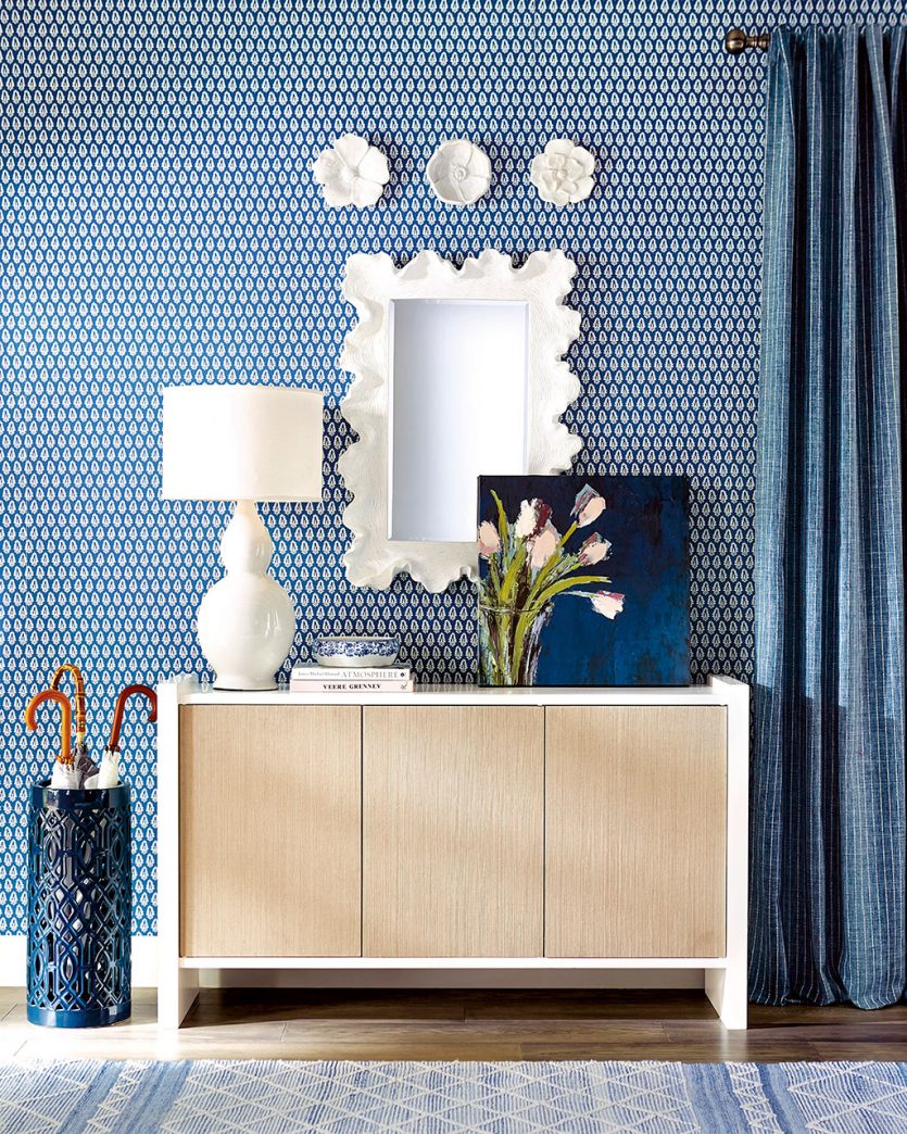 Blue and white front entry room organization ideas