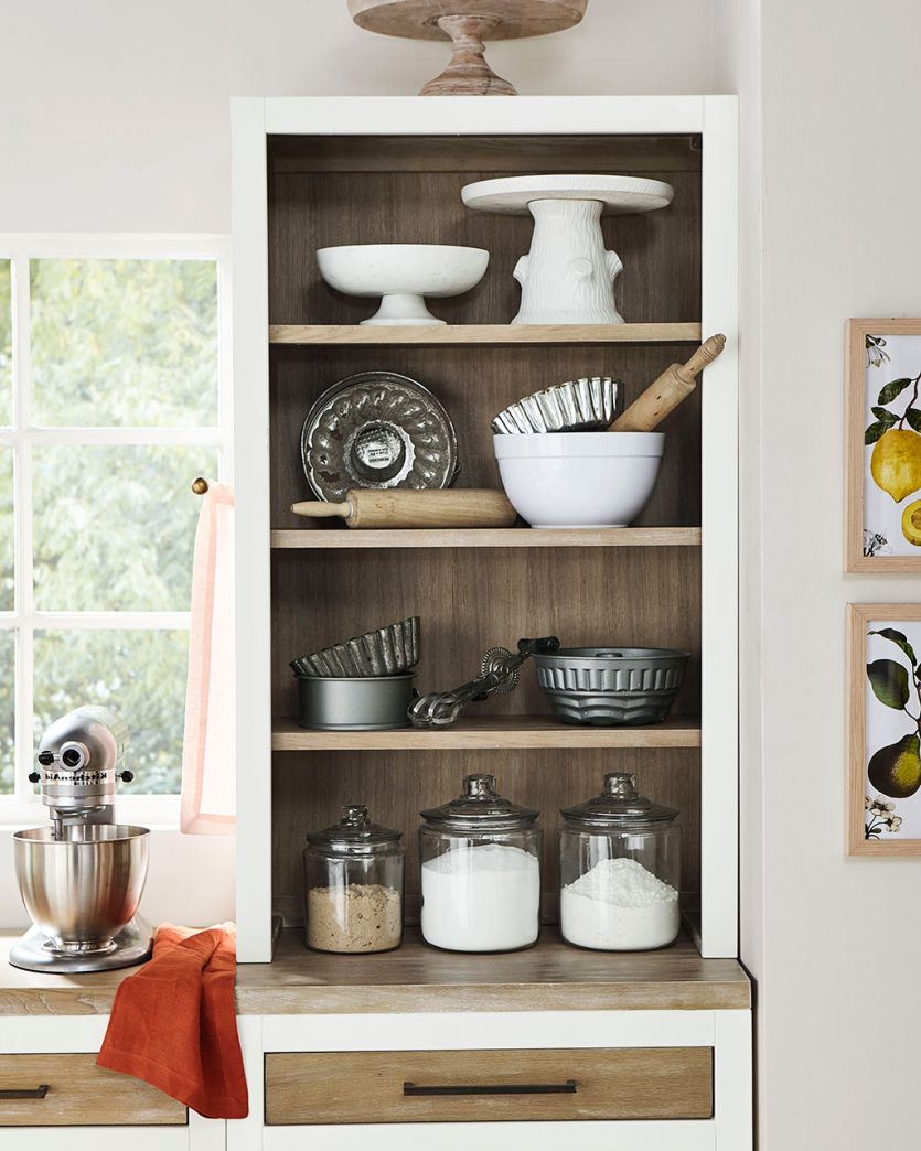 Open kitchen pantry stocked with bakeware from Ballard Designs