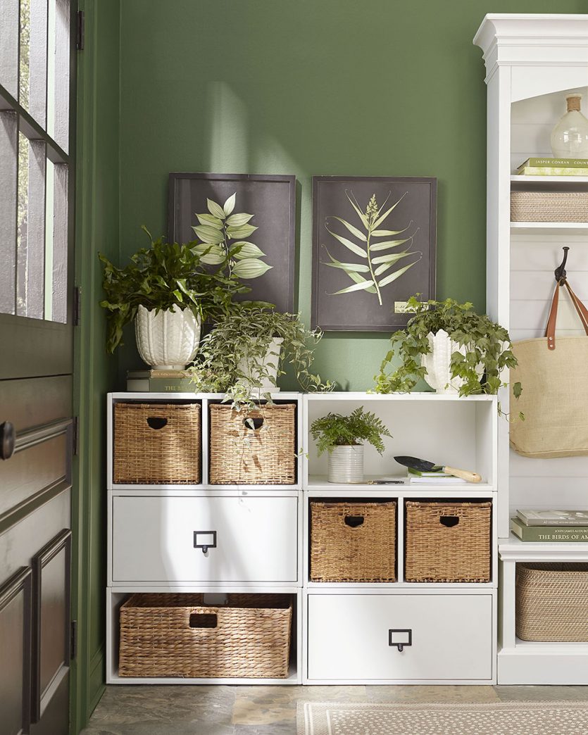 Back door drop spot with a place for plants and hooks | Mud room organization ideas