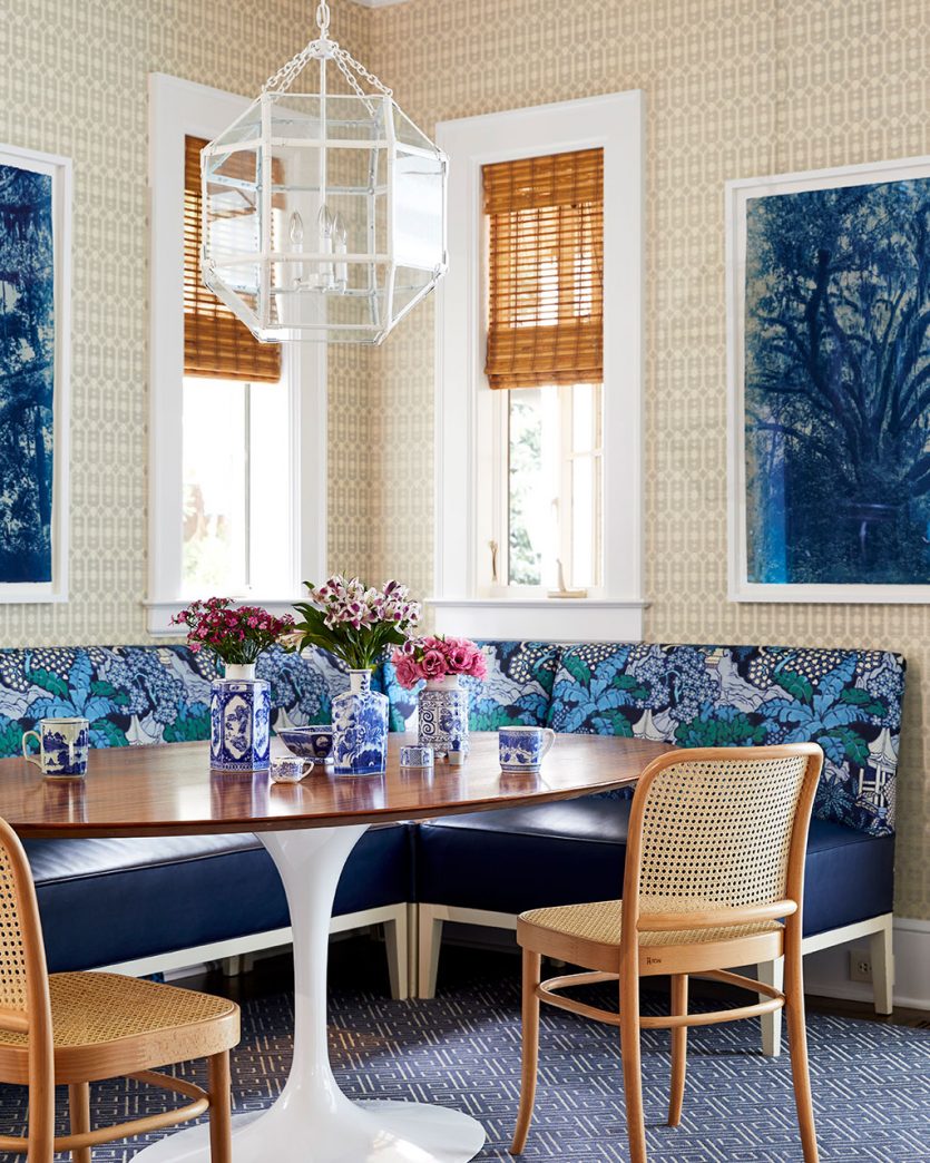 Blue breakfast banquette with tulip table designed by Barrie Benson