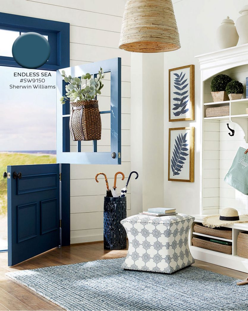 Front entry with bright blue front door in Sherwin Williams' Endless Sea