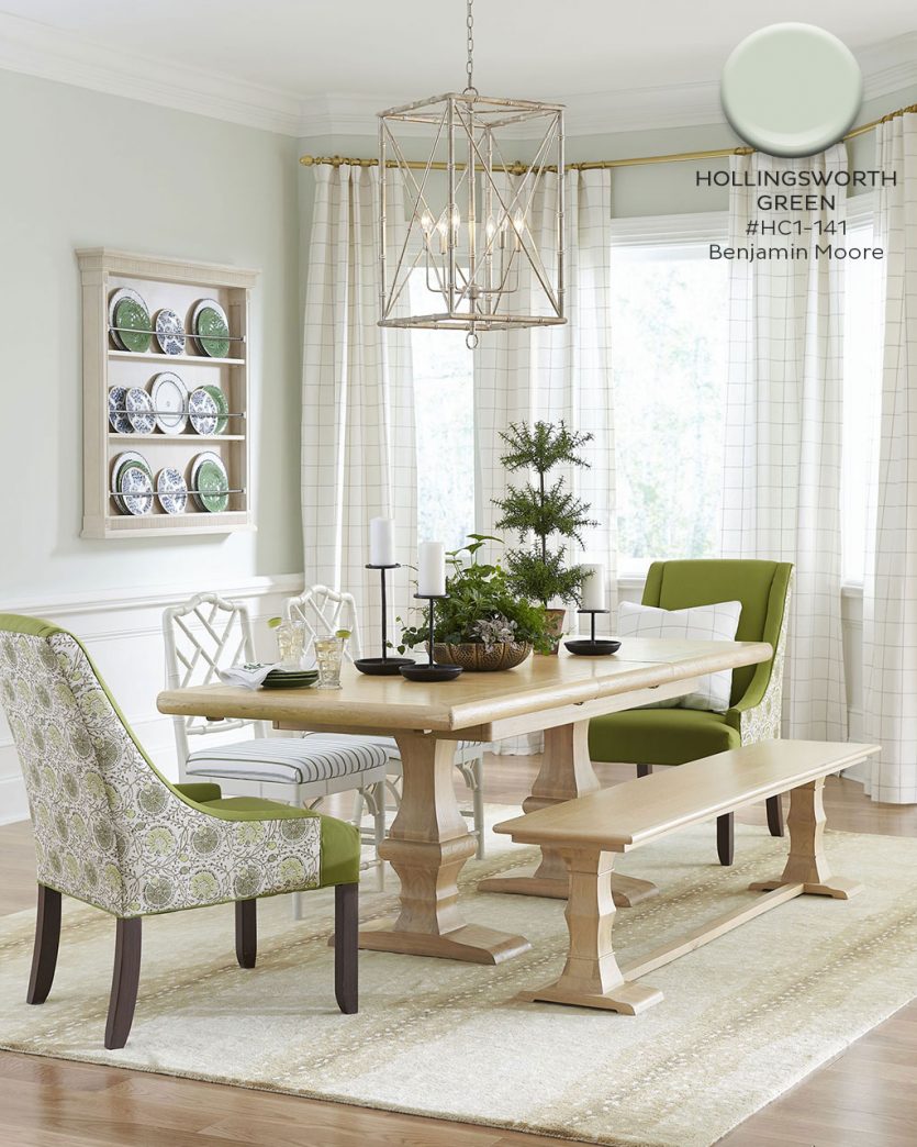 Benjamin Moore's Hollingsworth Green in dining room with green fabric uphosltery