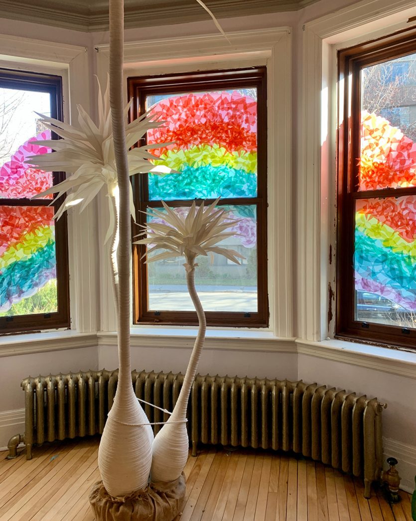 Tissue paper rainbow on windows in Sophie Donelson's Montreal apartment