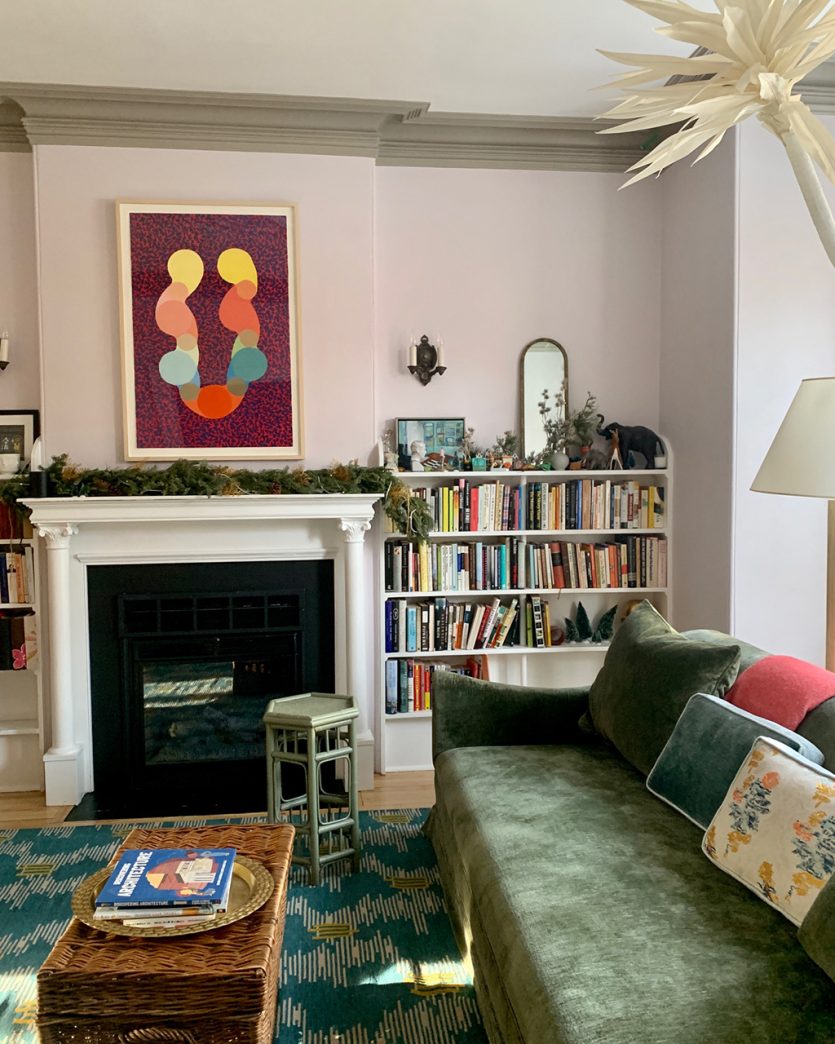 Sophie's living room in Montreal with lavender and gray wall color