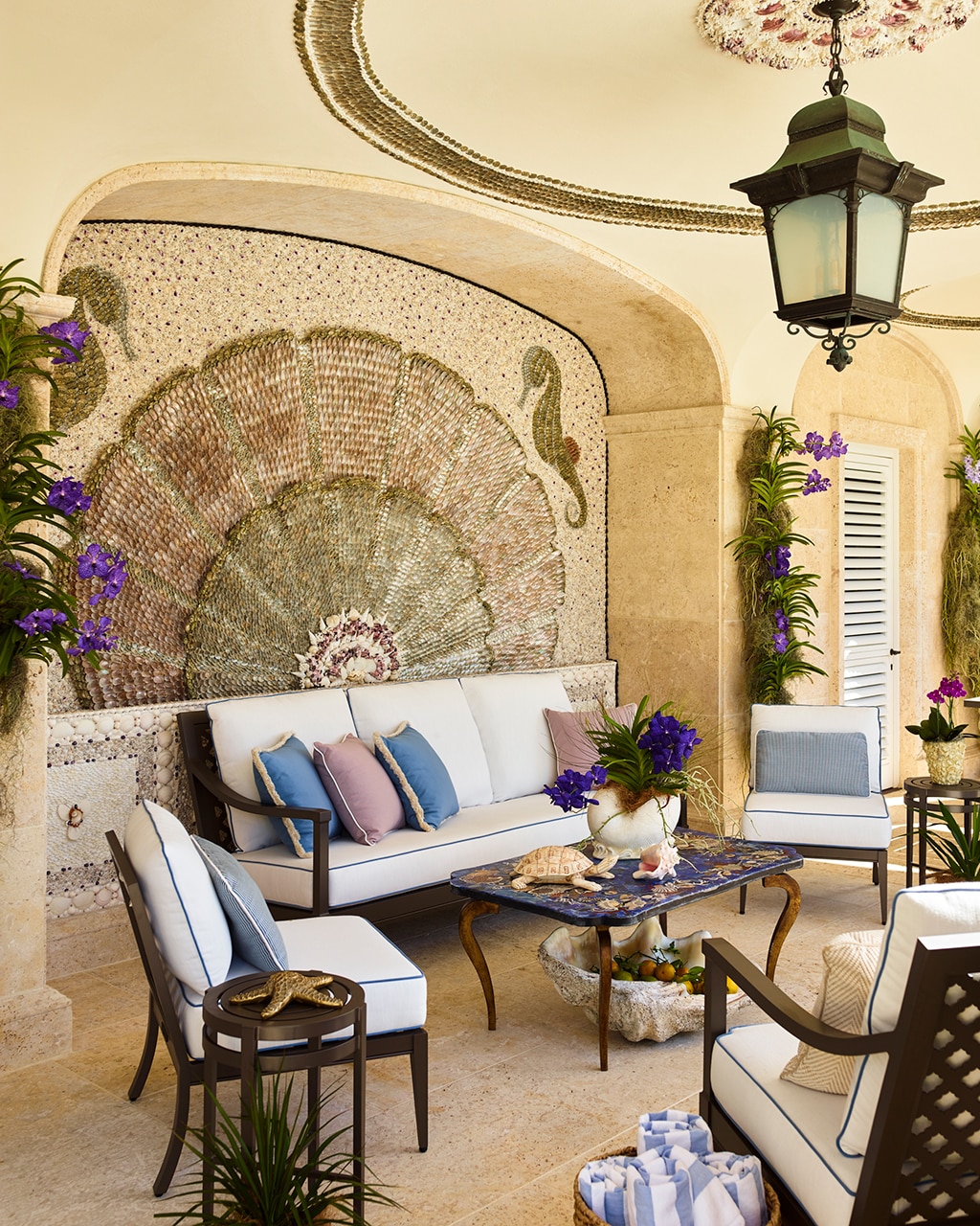 Outdoor space with shell mosaic designed by Cullman & Kravis in Palm Beach