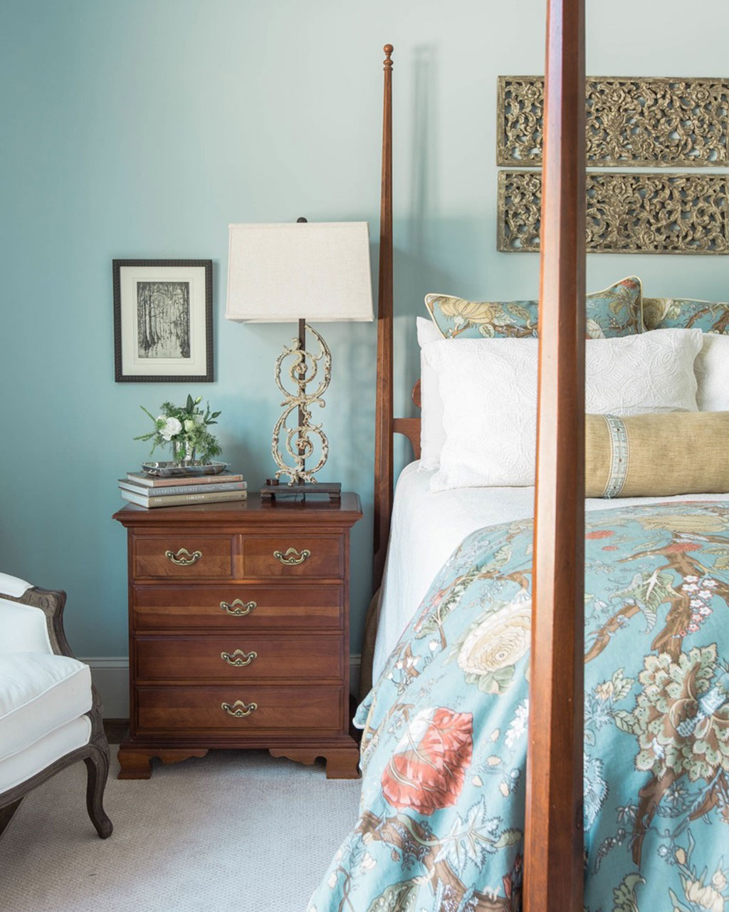 Bedroom with blue bedroom designed by Jena Salmon