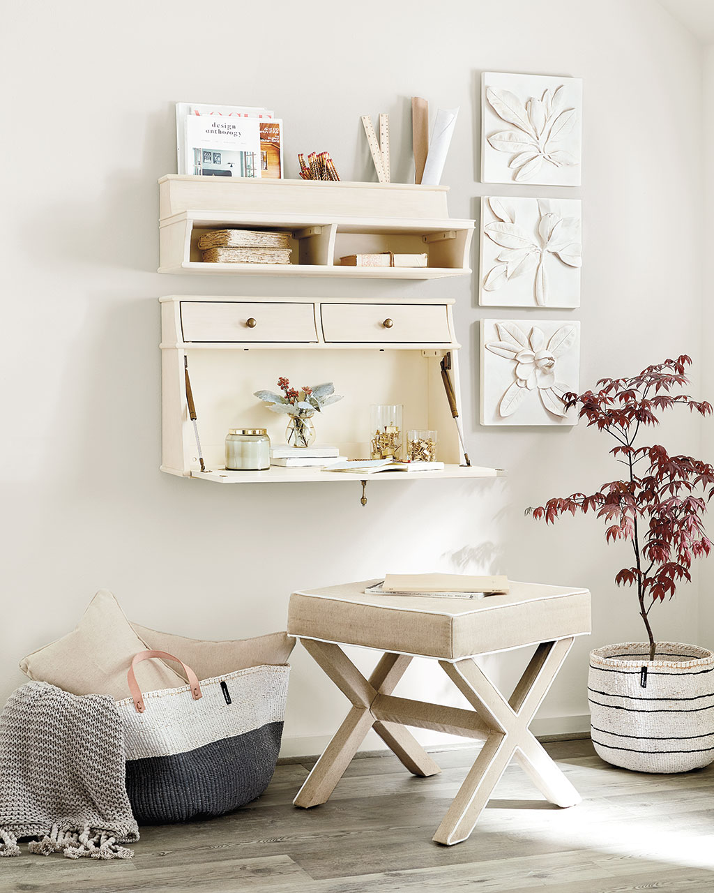 Carve out another room with a floating wall desk and small upholstered bench