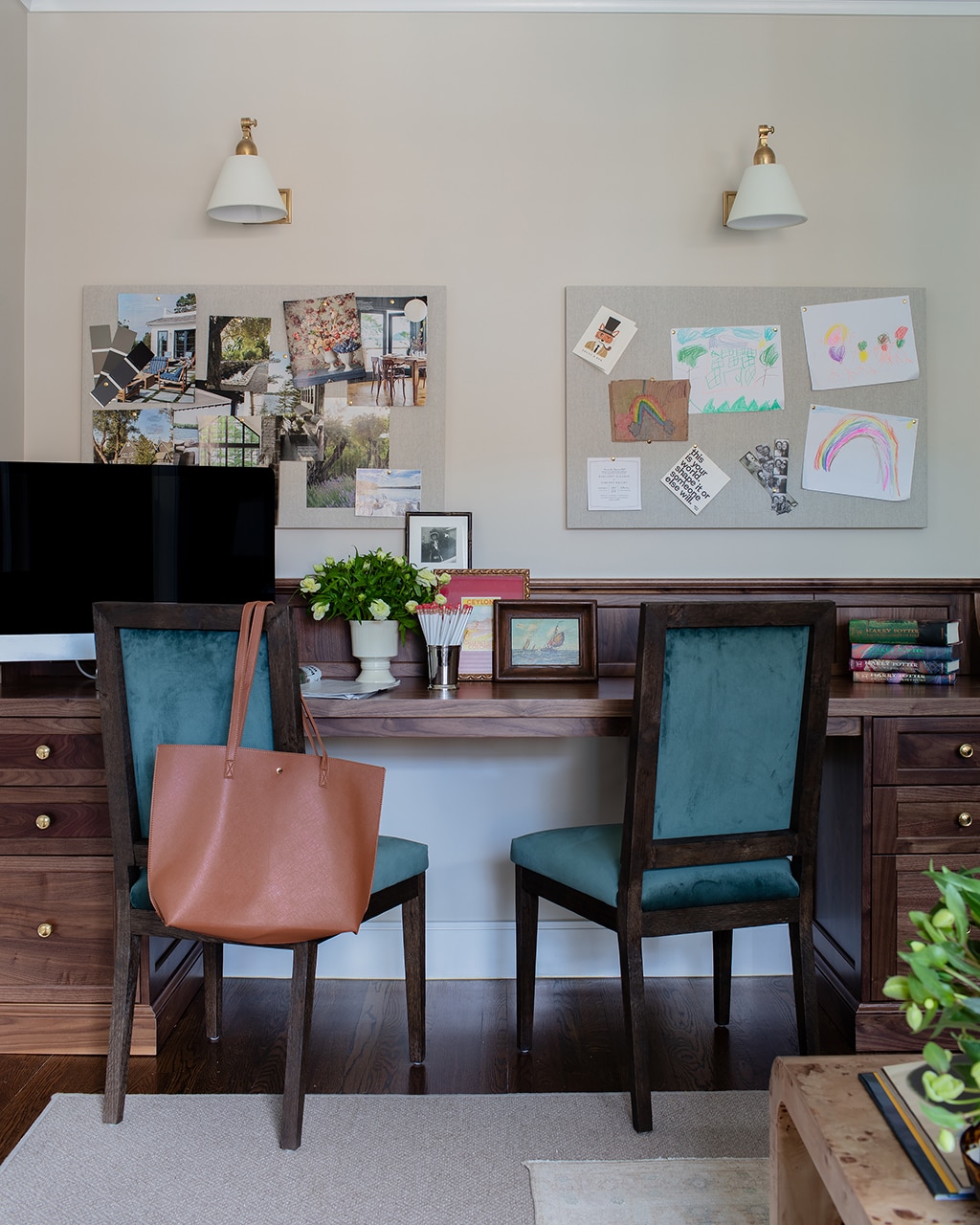 Built in walnut desk in home office designed by Lindsay Atapattu