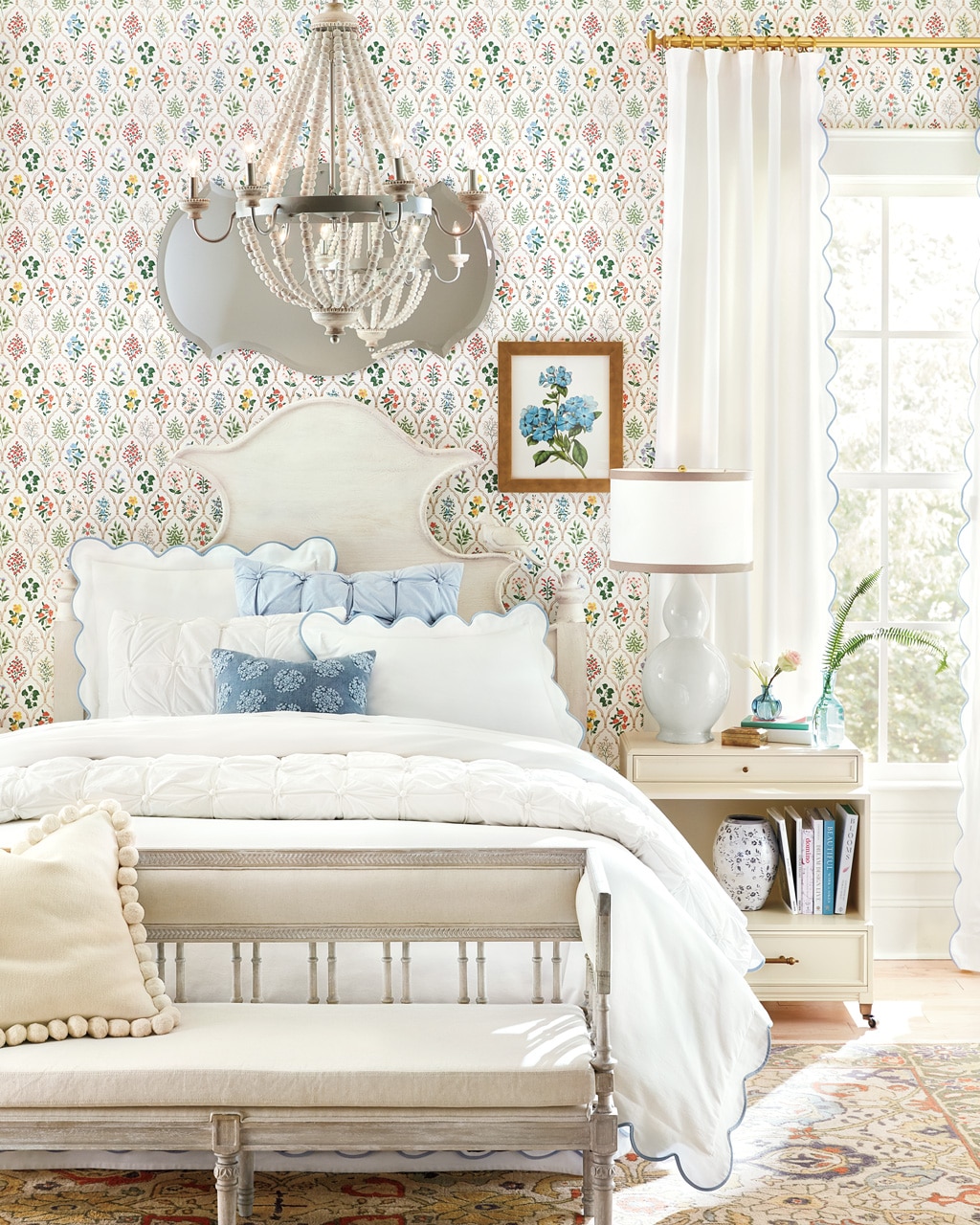 Ballard Designs floral wallpaper in a bedroom