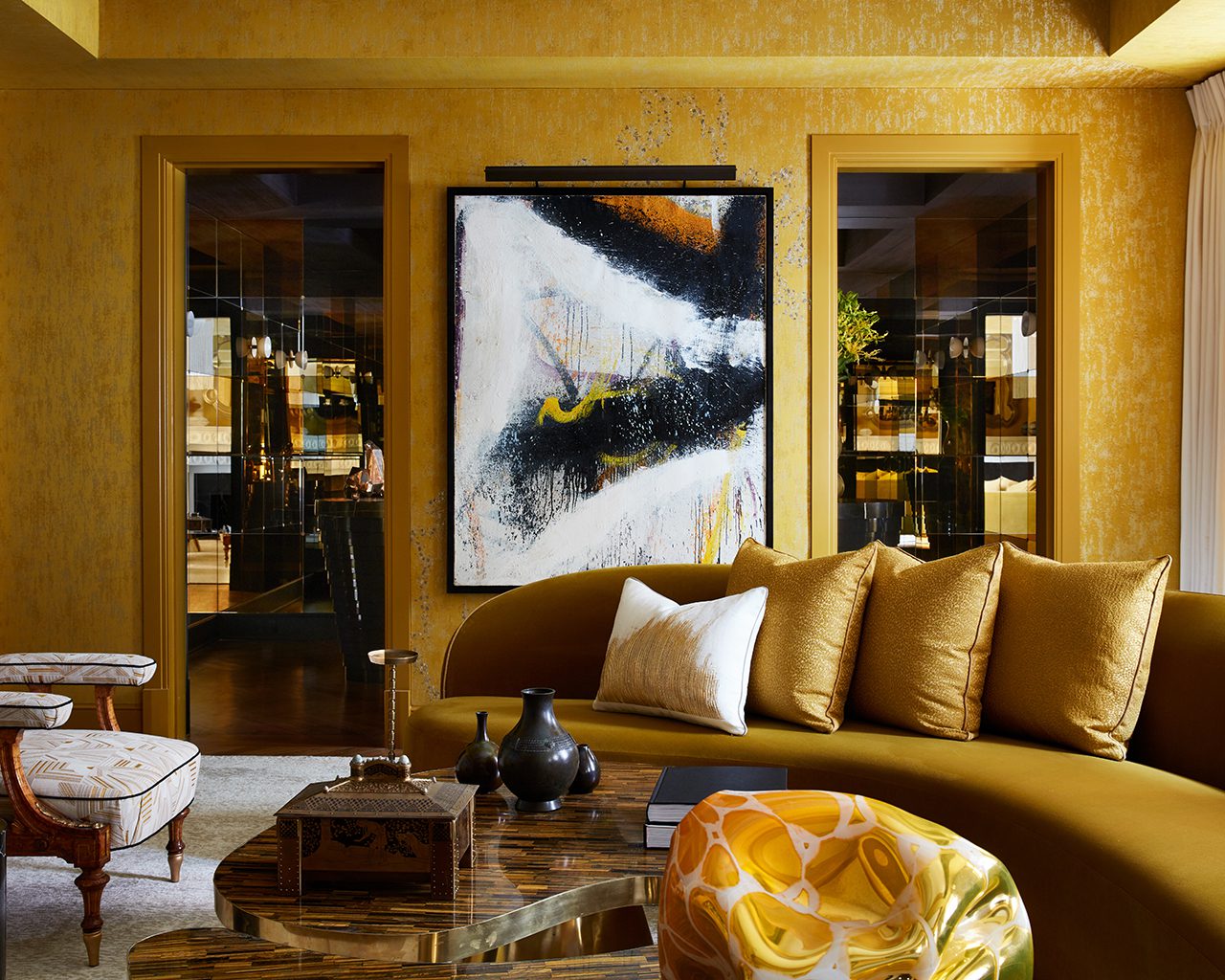 Gold living room designed by Drake/Anderson