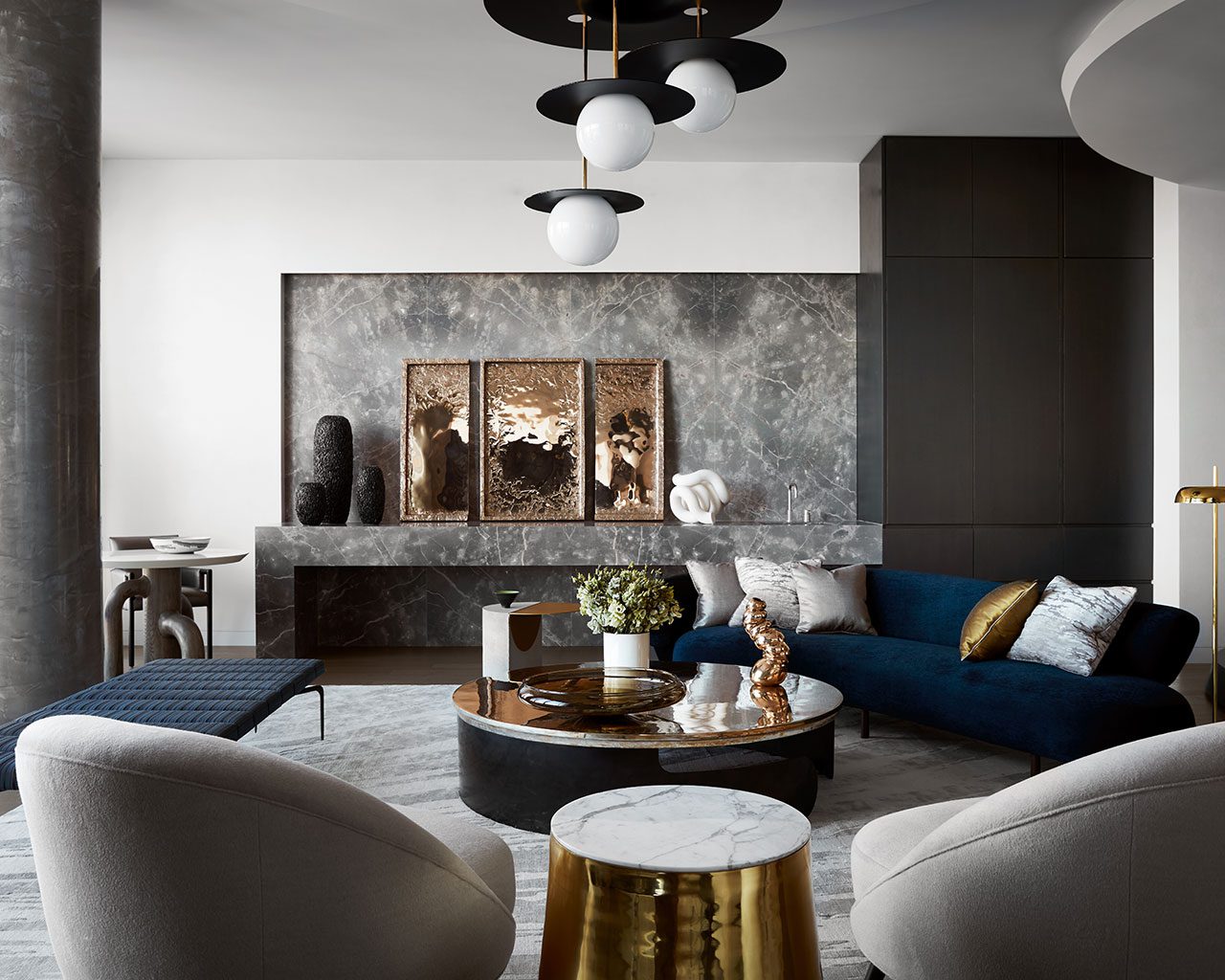 Gray and blue living room designed by Jamie Drake and Caleb Anderson