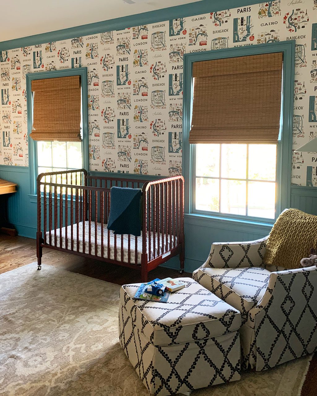 Miles' room at The Schwartz House with Rifle Paper Co Wallpaper and Teal trim