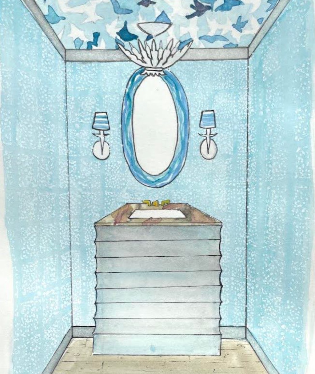 A sketched rendering of Nellie Howard Ossi's Flower Showhouse Powder Room