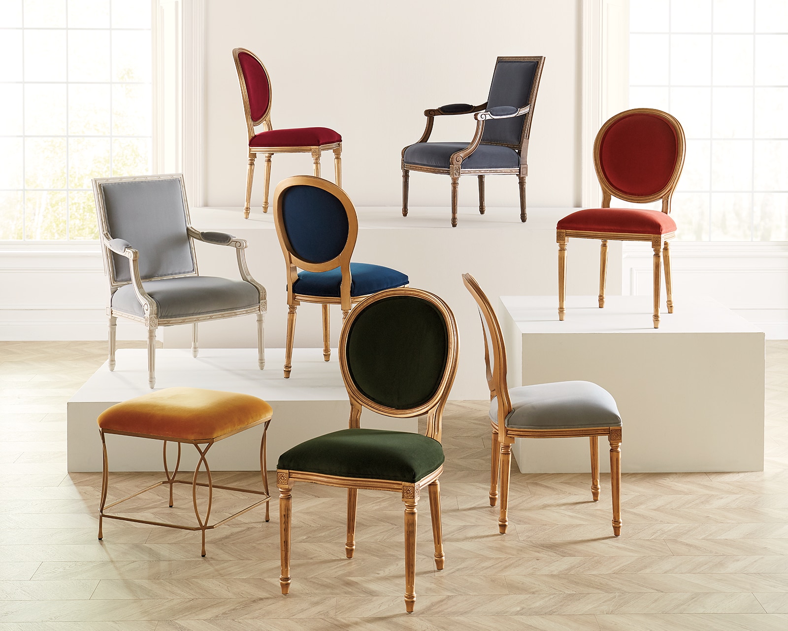 Louis Chairs arranged on pedastools