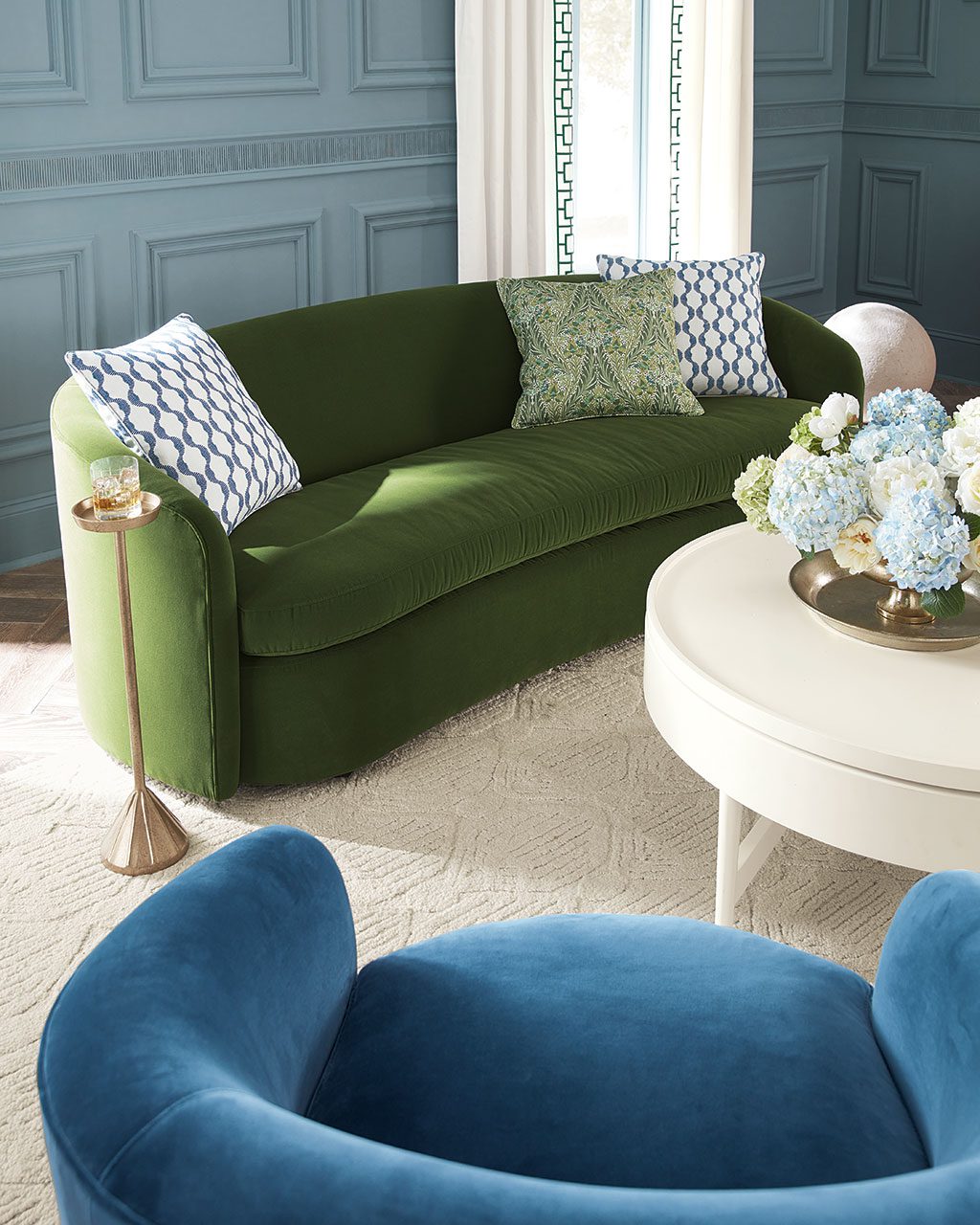 Beautiful blue and green living room from Ballard Designs