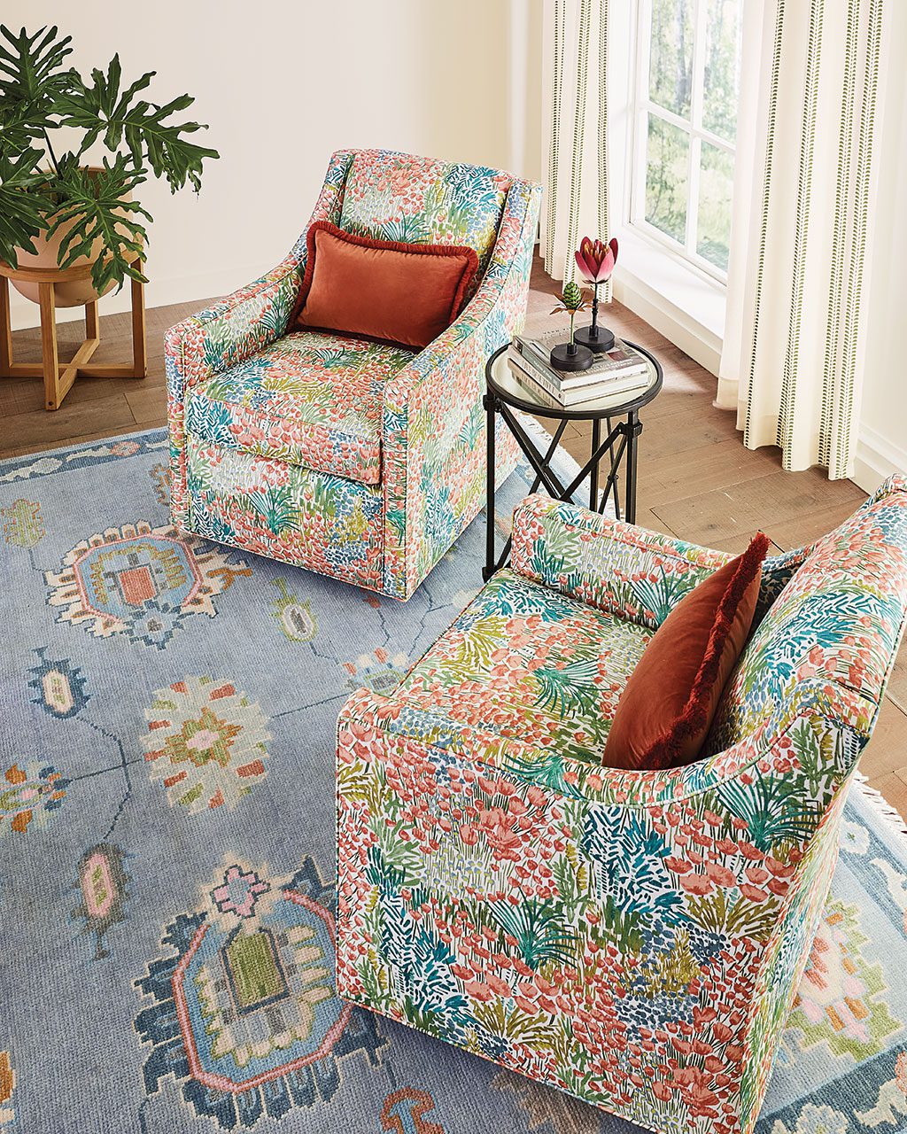 Living room with colorful hand knotted rug from Ballard Designs