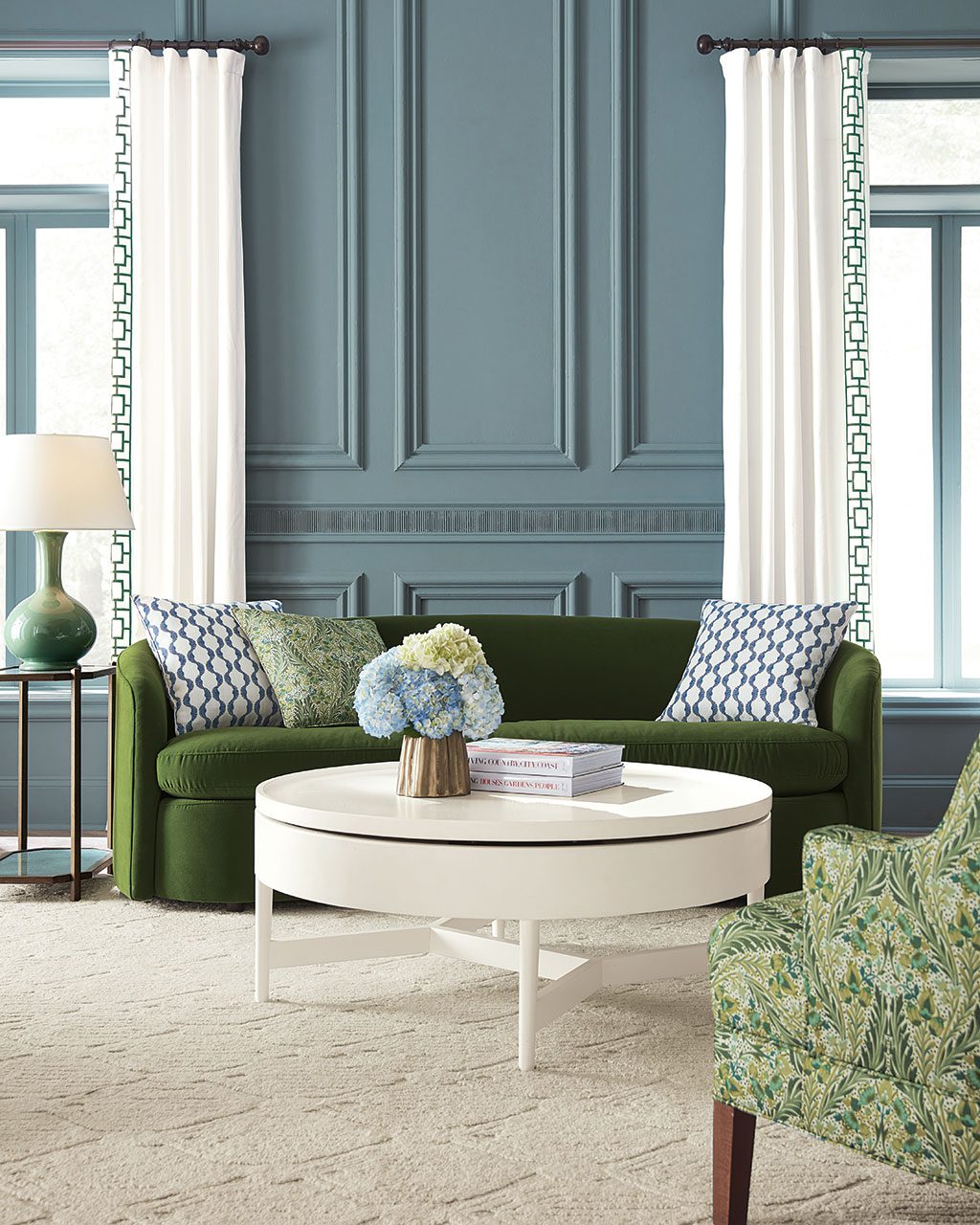 Beautiful blue and green living room from Ballard Designs