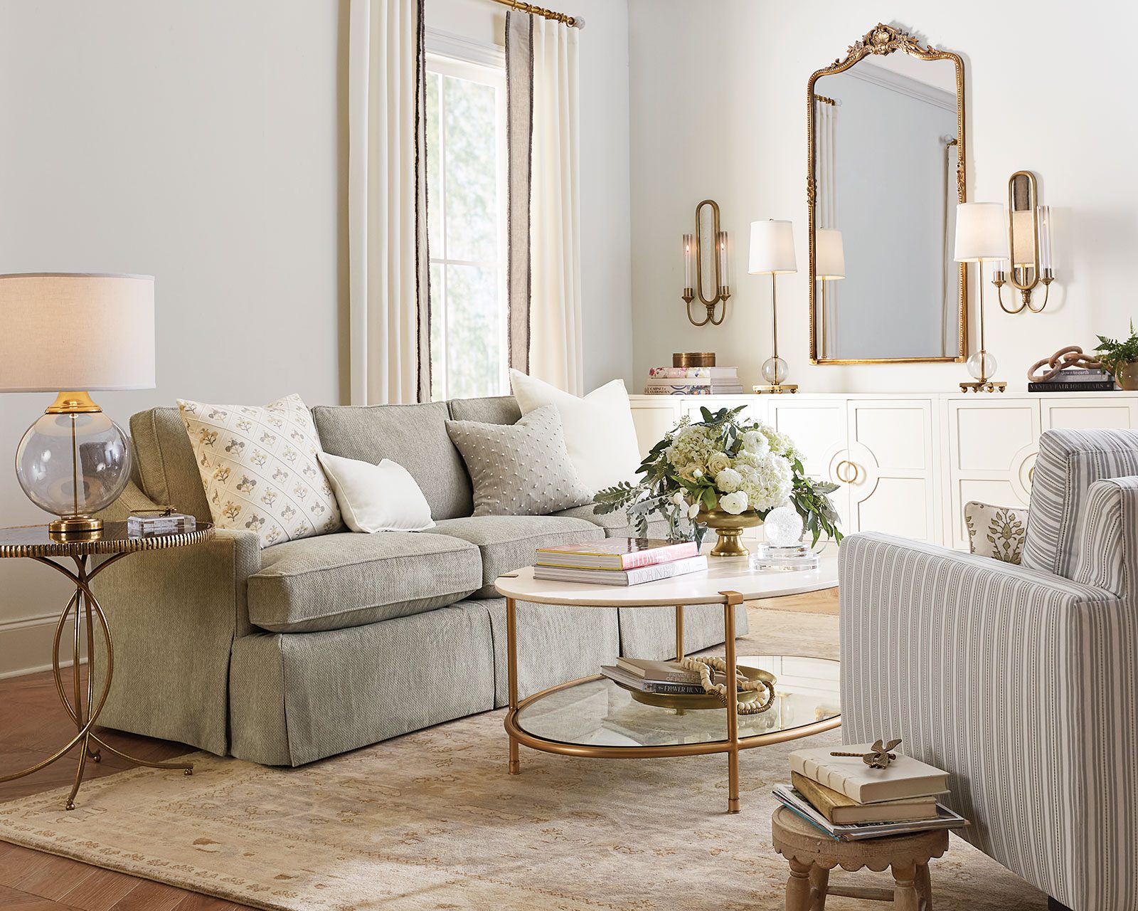 Lighting sources in a living room from Ballard Designs; a mix of lamps, sconces, and overhead lighting