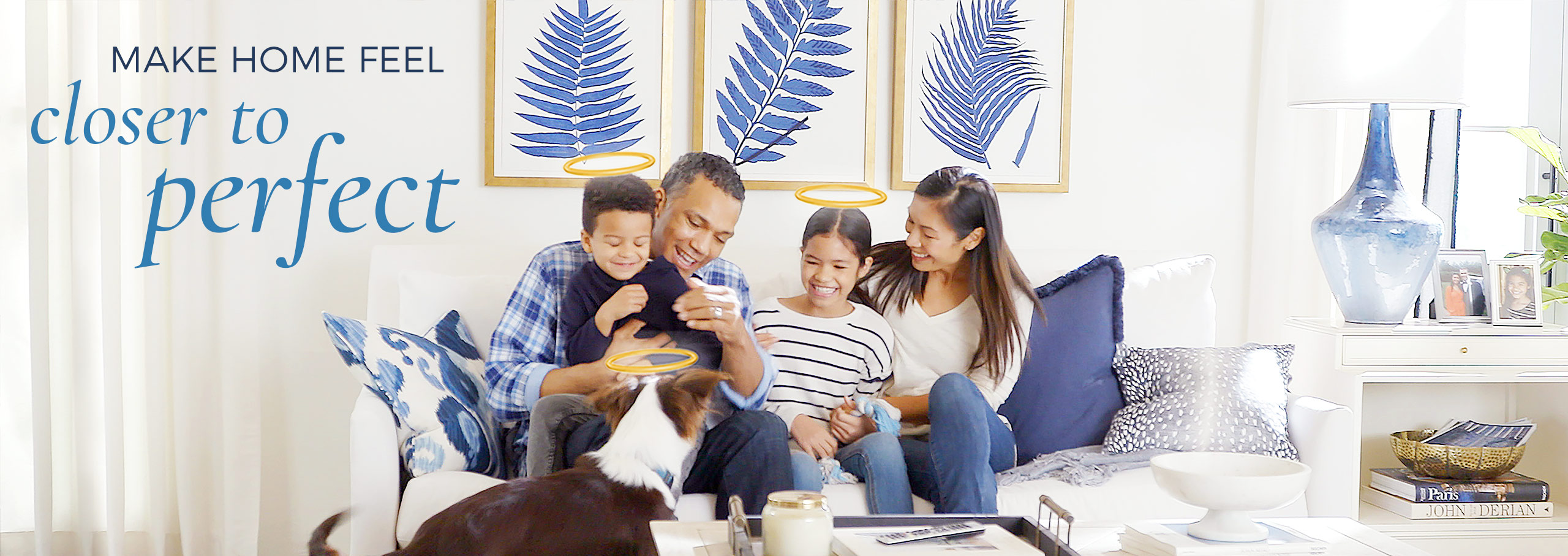 Blue and white family room with performance fabrics